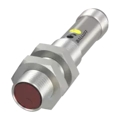 Sensor óptico difuso energético BOS 12M-PS-ID10-S4 da Balluff em formato cilíndrico metálico com conexão rosqueada