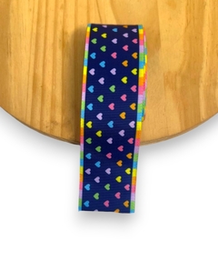 Fita Gorgurão Estampada Corações Fundo Azul 38mm- Metro