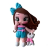Aplique Biscuit menina com lacinho azul e vestido azul com cachorrinho 6X4CM
