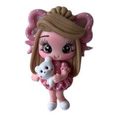 Aplique Biscuit menina roupinha nude rosado com cachorrinho branco 6X4CM