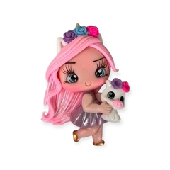 Aplique Biscuit menina com cabelo rosa e unicórnio 6X4CM