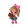 Aplique Biscuit menina com lacinho rosa vestido azul com ursinho marrom 6X4CM