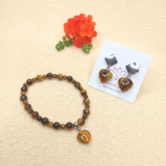 Conjunto de Olho de Tigre de Pulseira com Pingente de Coração