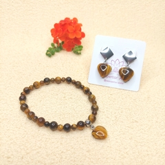 Conjunto de Olho de Tigre de Pulseira com Pingente de Coração - comprar online
