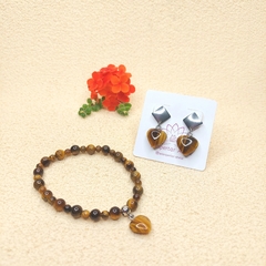 Conjunto de Olho de Tigre de Pulseira com Pingente de Coração - Despertar Ateliê
