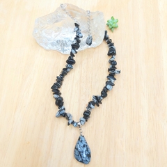 Choker De Cascalho De Obsidiana Floco de Neve
