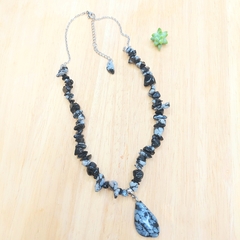 Choker De Cascalho De Obsidiana Floco de Neve
