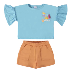 CONJUNTO INFANTIL MENINA BLUSA E SHORTS ALGODÃO MALWEE KIDS AZUL
