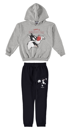 CONJUNTO INFANTIL UNISSEX FRAJOLA LOONEY TUNES® EM MOLETOM FLANELADO MALWEE KIDS CINZA