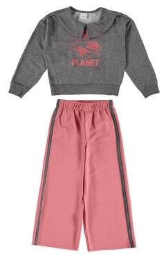 CONJUNTO INFANTIL MENINA WIDE LEG EM MOLETINHO MALWEE KIDS CINZA