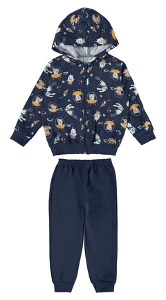 CONJUNTO INFANTIL MENINO JAQUETA HERÓIS EM MOLETOM MALWEE KIDS AZUL ESCURO