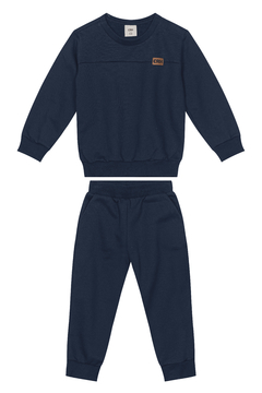 Conjunto Menino Recorte Peitoral Em Moletom Flanelado Azul Escuro Carinhoso