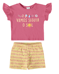 CONJUNTO INFANTIL MENINA BLUSA E SHORTS EM ALGODÃO MALWEE KIDS ROSA