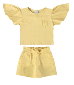 CONJUNTO INFANTIL MENINA BLUSA EM ALGODÃO E SHORTS EM TRICOLINE MALWEE KIDS - AMARELO