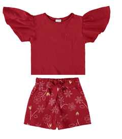 CONJUNTO INFANTIL MENINA BLUSA EM ALGODÃO E SHORTS EM TRICOLINE MALWEE KIDS - VERMELHO