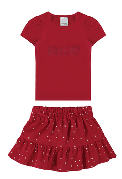 CONJUNTO INFANTIL MENINA BLUSA EM ALGODÃO E SAIA EM LINHO MALWEE KIDS VERMELHO