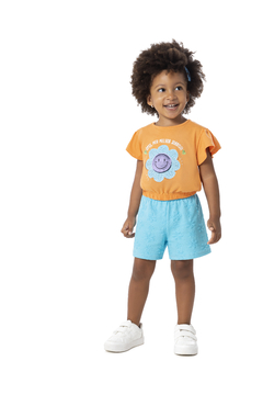 CONJUNTO INFANTIL MENINA BLUSA EM ALGODÃO E SHORTS JACQUARD MALWEE KIDS LARANJA - comprar online