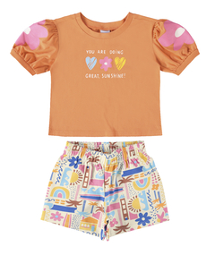 CONJUNTO INFANTIL MENINA BLUSA CORAÇÃO E FLOR EM ALGODÃO MALWEE KIDS LARANJA