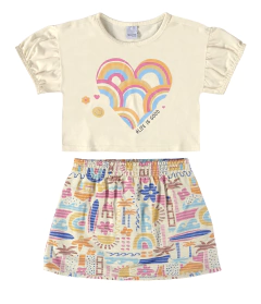 CONJUNTO INFANTIL MENINA BLUSA E SHORTS SAIA ALGODÃO MALWEE KIDS OFF WHITE