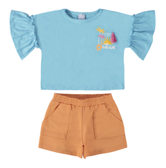 CONJUNTO INFANTIL MENINA BLUSA E SHORTS ALGODÃO MALWEE KIDS AZUL