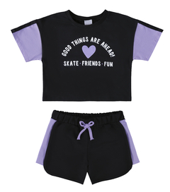 CONJUNTO INFANTIL MENINA BLUSA E SHORTS ALGODÃO MALWEE KIDS PRETO