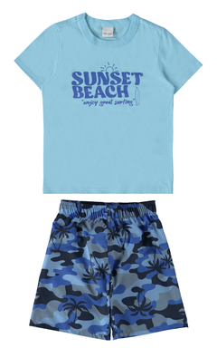 CONJUNTO INFANTIL MENINO CAMISETA E BERMUDA EM MOLETINHO MALWEE KIDS AZUL