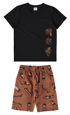 CONJUNTO INFANTIL MENINO CAMISETA E BERMUDA EM MOLETINHO MALWEE KIDS PRETO