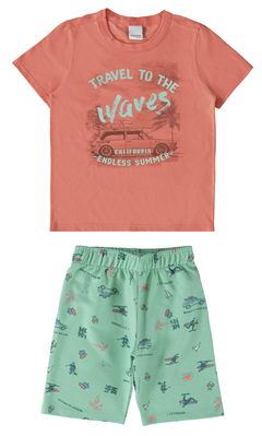 CONJUNTO INFANTIL MENINO CAMISETA E BERMUDA EM MOLETINHO MALWEE KIDS LARANJA