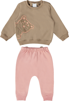 CONJUNTO INFANTIL MENINA BORDADO FRONTAL EM MOLETOM FLANELADO MALWEE KIDS MARROM