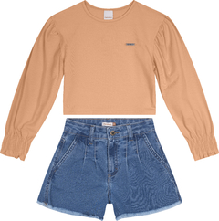 CONJUNTO MENINA SHORTS GODÊ EM JEANS LEVE - CARINHOSO
