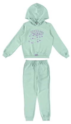 CONJUNTO INFANTIL MENINA COM CAPUZ EM MOLETINHO LEVE MALWEE KIDS VERDE CLARO