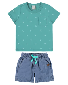 Conjunto De Camiseta Foguetes & Bermuda Jeans- Verde Água & Azul