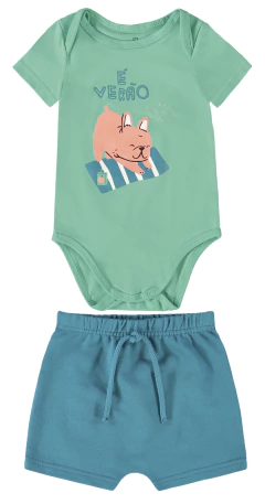 CONJUNTO INFANTIL MENINO BODY E BERMUDA EM MOLETINHO MALWEE KIDS VERDE