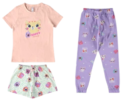 PIJAMA INFANTIL MENINA ESTAMPADA SHORTS + CALÇA EM ALGODÃO MALWEE KIDS ROSA