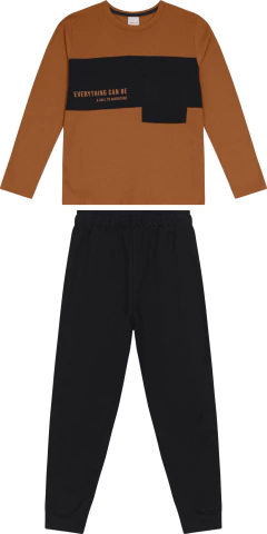 CONJUNTO MENINO CAMISETA MANGA LONGA ESTAMPADA EM ALGODÃO - CARINHOSO MARROM