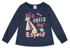 BLUSA INFANTIL MENINA MANGA LONGA DIA FELIZ EM ALGODÃO MALWEE KIDS AZUL ESCURO