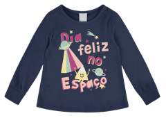BLUSA INFANTIL MENINA MANGA LONGA DIA FELIZ EM ALGODÃO MALWEE KIDS AZUL ESCURO - comprar online