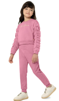 CONJUNTO MENINA SHINE E GLAMOUR EM MOLETOM FLANELADO - CARINHOSO ROSA