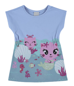VESTIDO INFANTIL SEREIAS MANGA CURTA EM MEIA MALHA MALWEE KIDS AZUL
