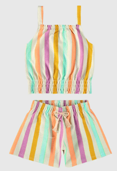 Conjunto Infantil Menina Listrado Em Algodão Texturizado Malwee Kids Off White