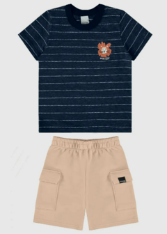 Conjunto Infantil Menino Camiseta Em Malha Rajada Listrada Malwee Kids Azul