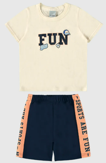 Conjunto Infantil Menino Camiseta Fun Em Algodão Malwee Kids Bege