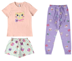 PIJAMA INFANTIL MENINA ESTAMPADA SHORTS + CALÇA EM ALGODÃO MALWEE KIDS ROSA