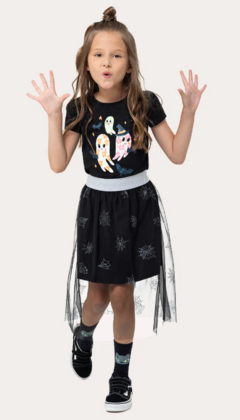 SAIA INFANTIL HALLOWEEN EM ALGODÃO E TULE MALWEE KIDS PRETO