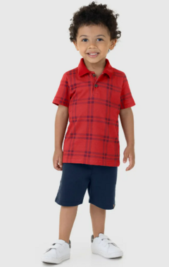 CONJUNTO INFANTIL MENINO CAMISA POLO XADREZ EM ALGODÃO MALWEE KIDS VERMELHO