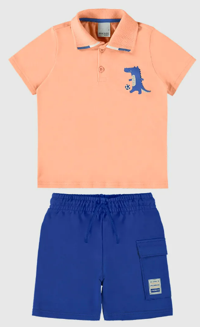 Conjunto Infantil Menino Camisa Polo Com Estampa Em Algodão Malwee Kids Laranja