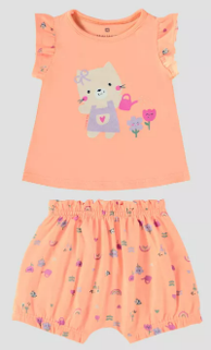 Conjunto Infantil Menina Blusa Manga Franzida Em Algodão Malwee Kids Laranja