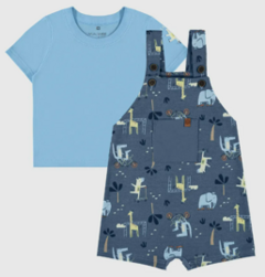 Conjunto Infantil Menino Jardineira Estampada Em Moletinho Malwee Kids Azul