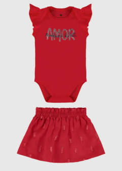 Conjunto Infantil Menina Body Estampa Com Glitter Em Algodão Malwee Kids Vermelho