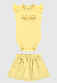 Conjunto Infantil Menina Body Estampa Com Glitter Em Algodão Malwee Kids Amarelo